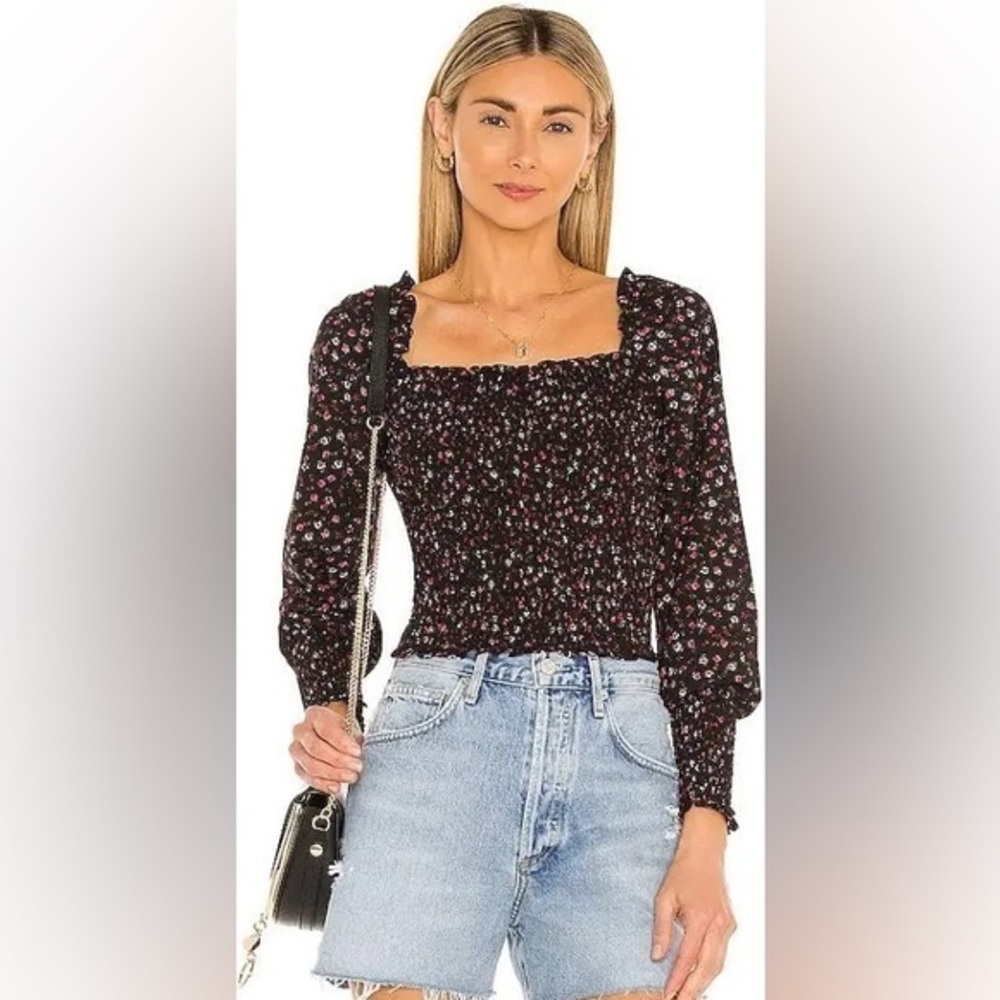 1.State Smocked Square-Neck Blouse in Black Ditsy Refresh Size Medium